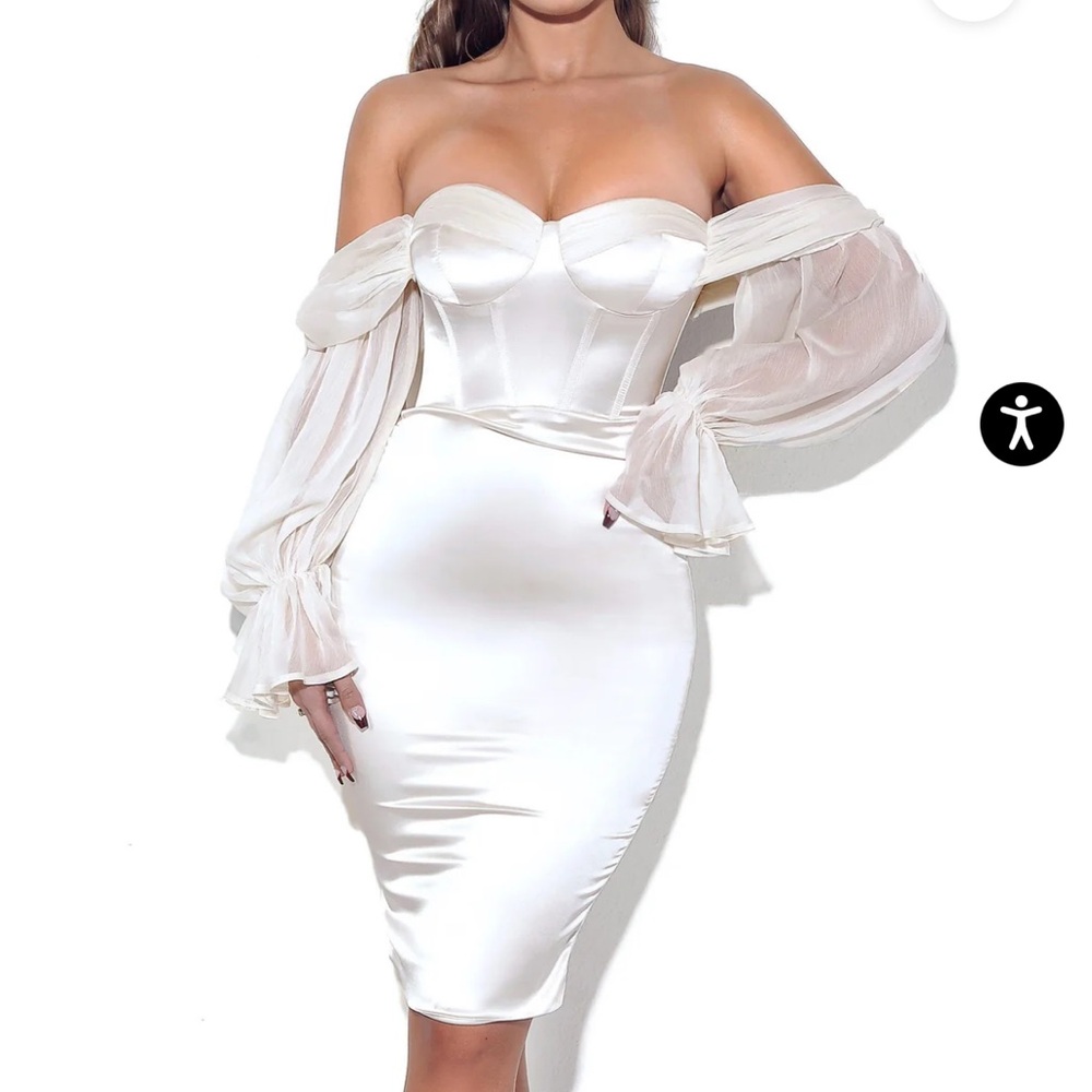 Lydia Pearl White Satin Off Shoulder Puff Sleeve Dress new with tags